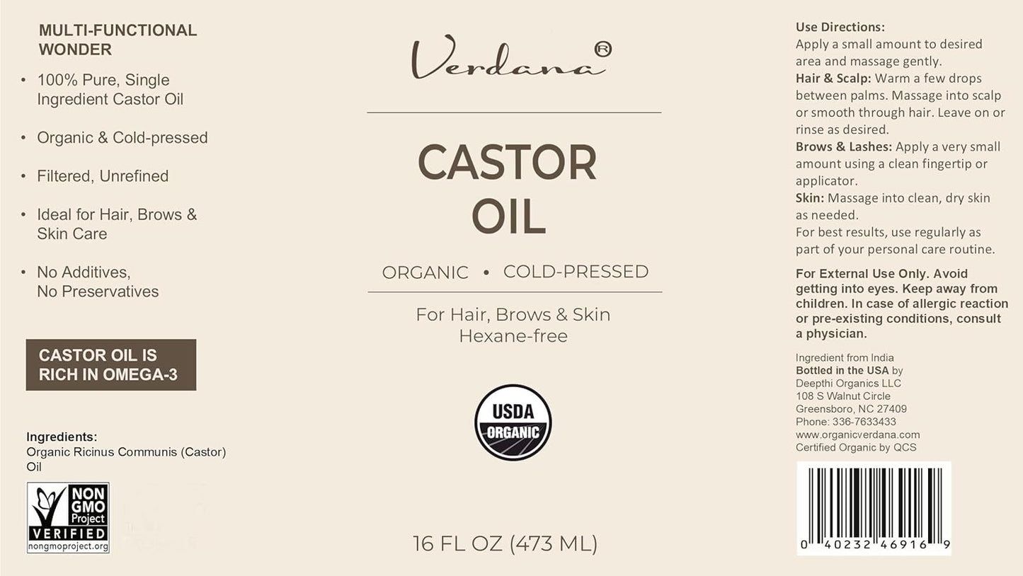 Organic Castor Oil – 16 Fl Oz Size – Cold Pressed, Unrefined, Hexane Free - for Face, Hair, Pack Wrap