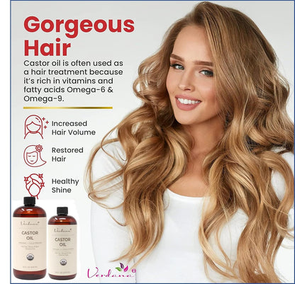 Organic Castor Oil – 16 Fl Oz Size – Cold Pressed, Unrefined, Hexane Free - for Face, Hair, Pack Wrap